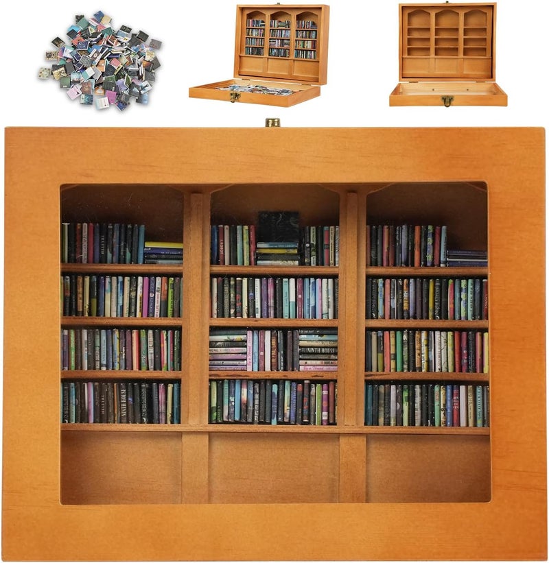 TABTAG Anxiety Bookshelf - Shake Off Your Anxiety,Miniature Display Shelf,Contains 240 Miniature Book Models,Antique Style Gift Decoration Mini Bookshelf (Brown) - Image 1